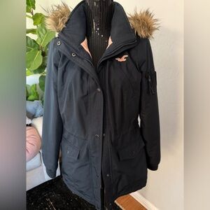 Hollister Navy Y2K Parka Jacket with Faux Fur Trim Hood Size L